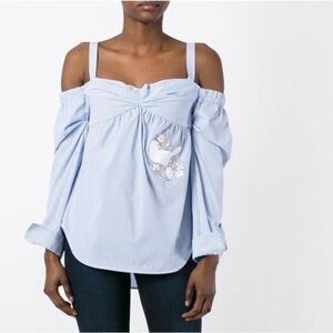 N 21 Blue Striped Cotton Embroidered Off Shoulder Top